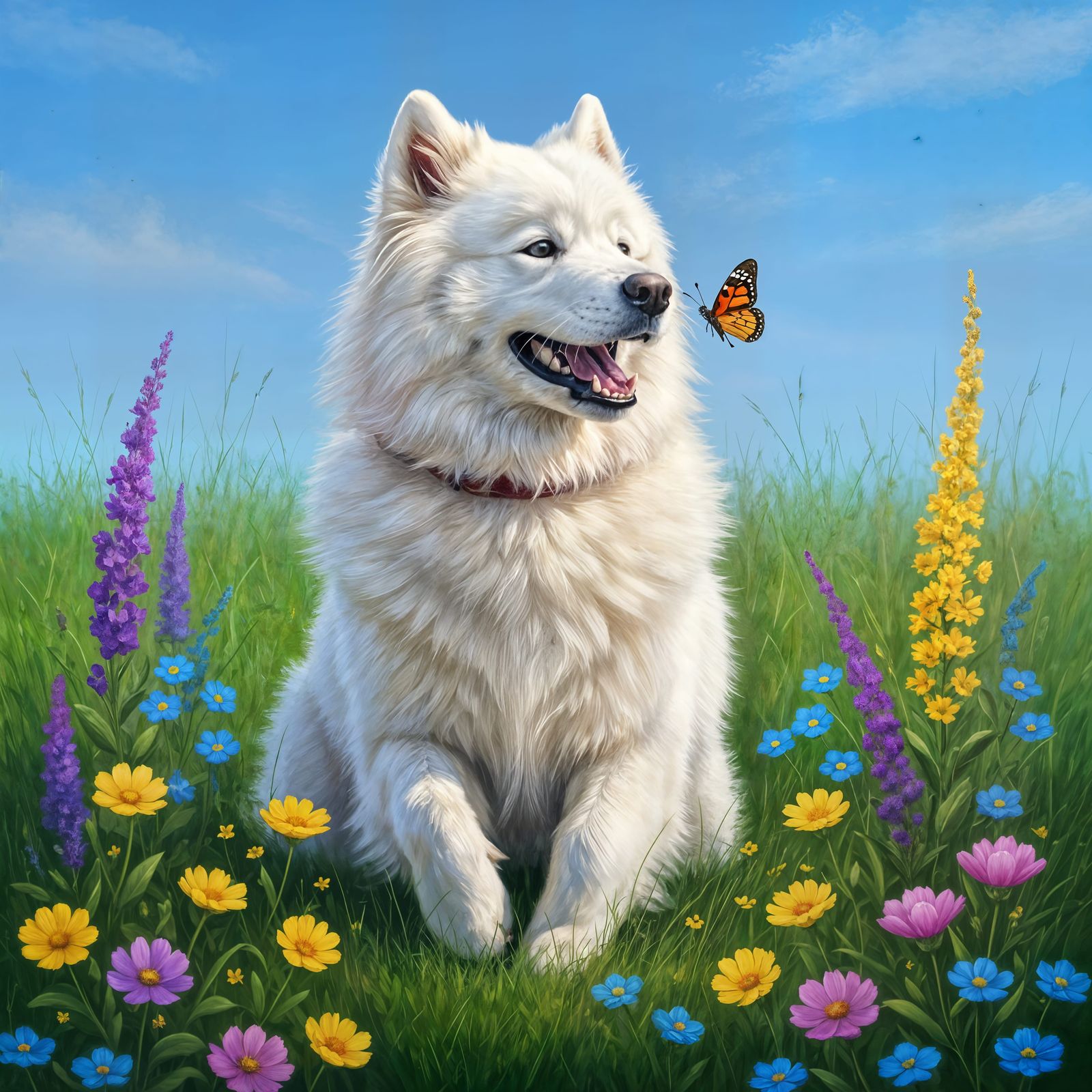 Samoyed Puppy's Joyful Butterfly Chase as Oil Painting