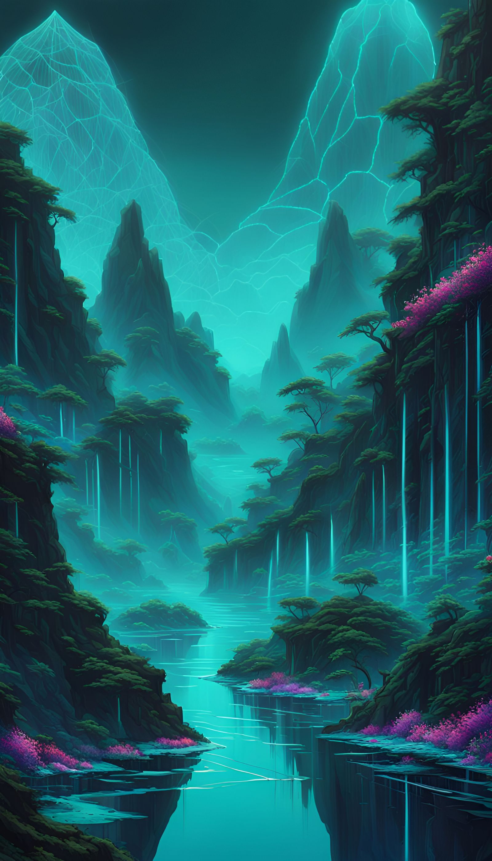 Teal Jungle River Landscape in Cyberpunk Style