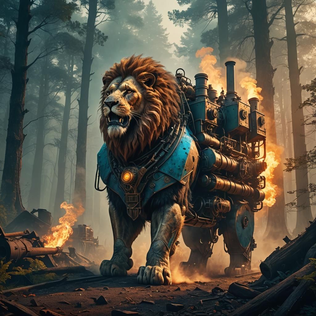 Dieselpunk Lion in Mystical Forest: Fantasy Concept Art