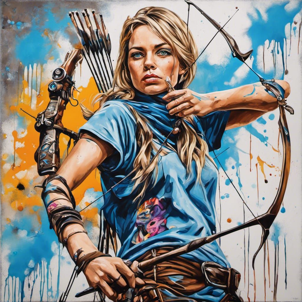 Futuristic Western Woman with Bow in Graffiti Art