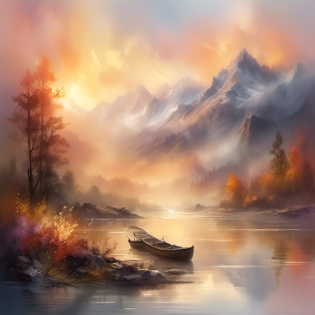 Mountain Lake Sunrise in Soft Watercolor Style