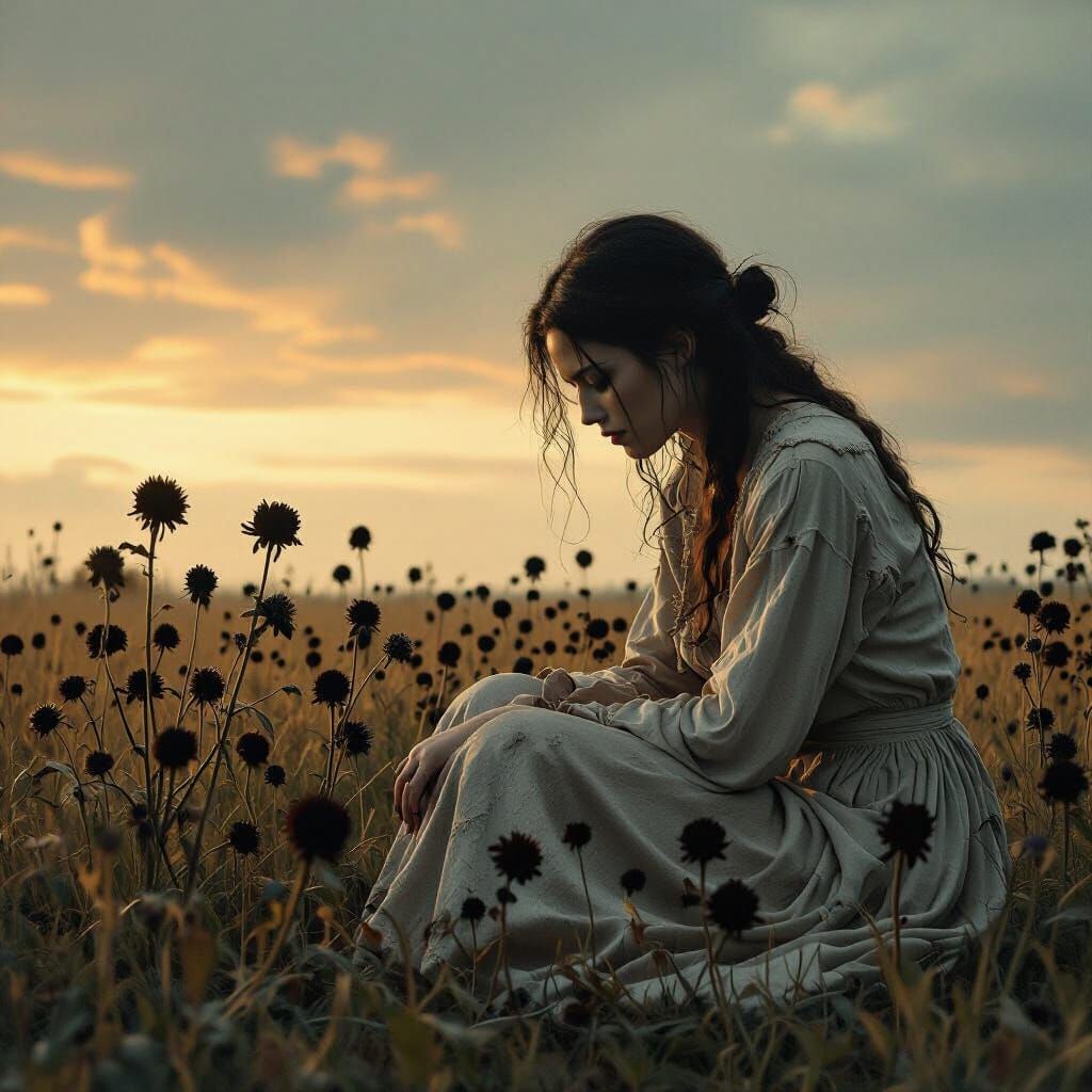 Woman Contemplating Wilting Flowers Under Twilight Sky