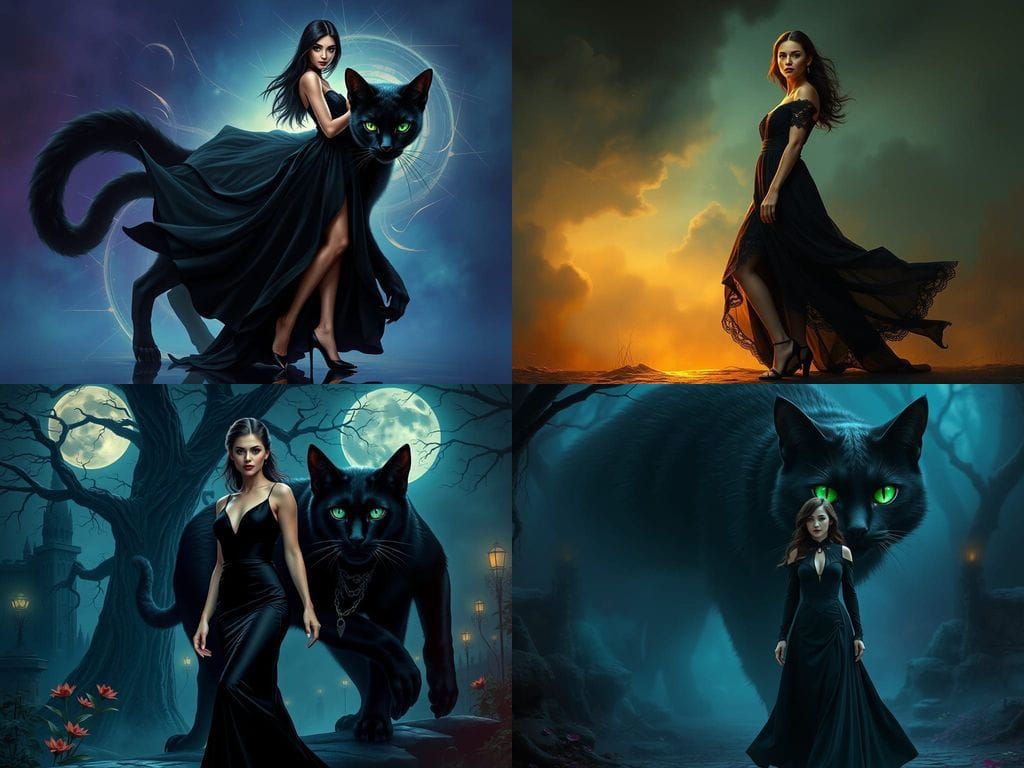 Ethereal Black Cat Goddess in a Splashy Fantasy Realm