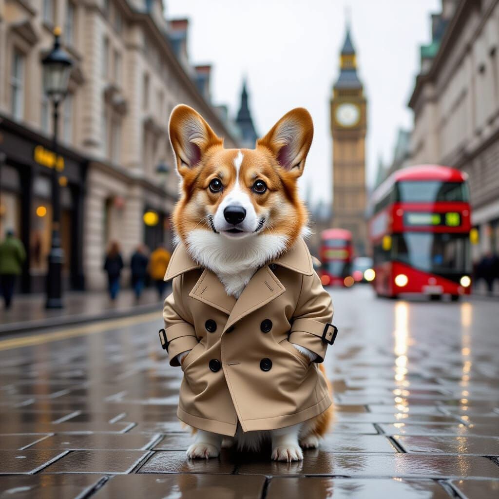 Dapper Corgi in London Trench Coat on Cobblestone Street