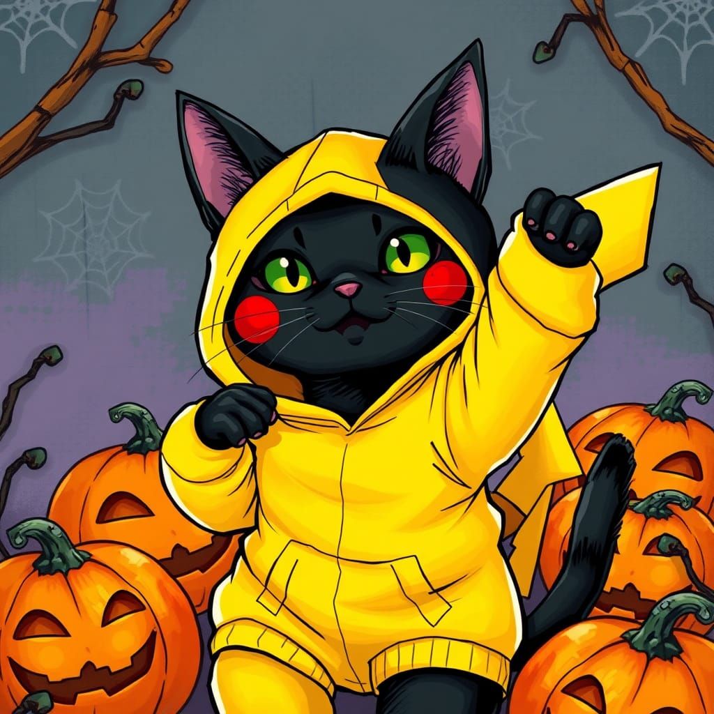 Black Cat Pikachu Halloween in Manga Style