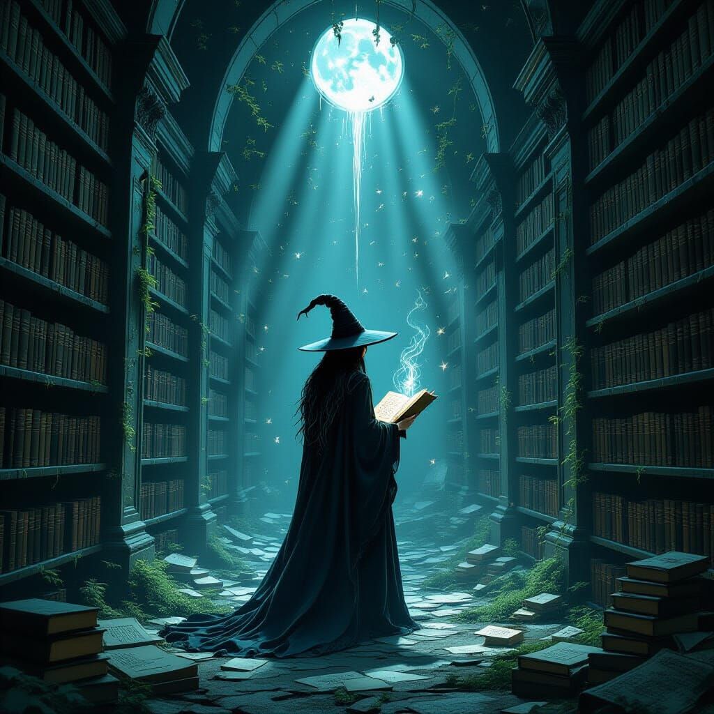 Lonely Witch in Ruined Library, Dark Fantasy Art