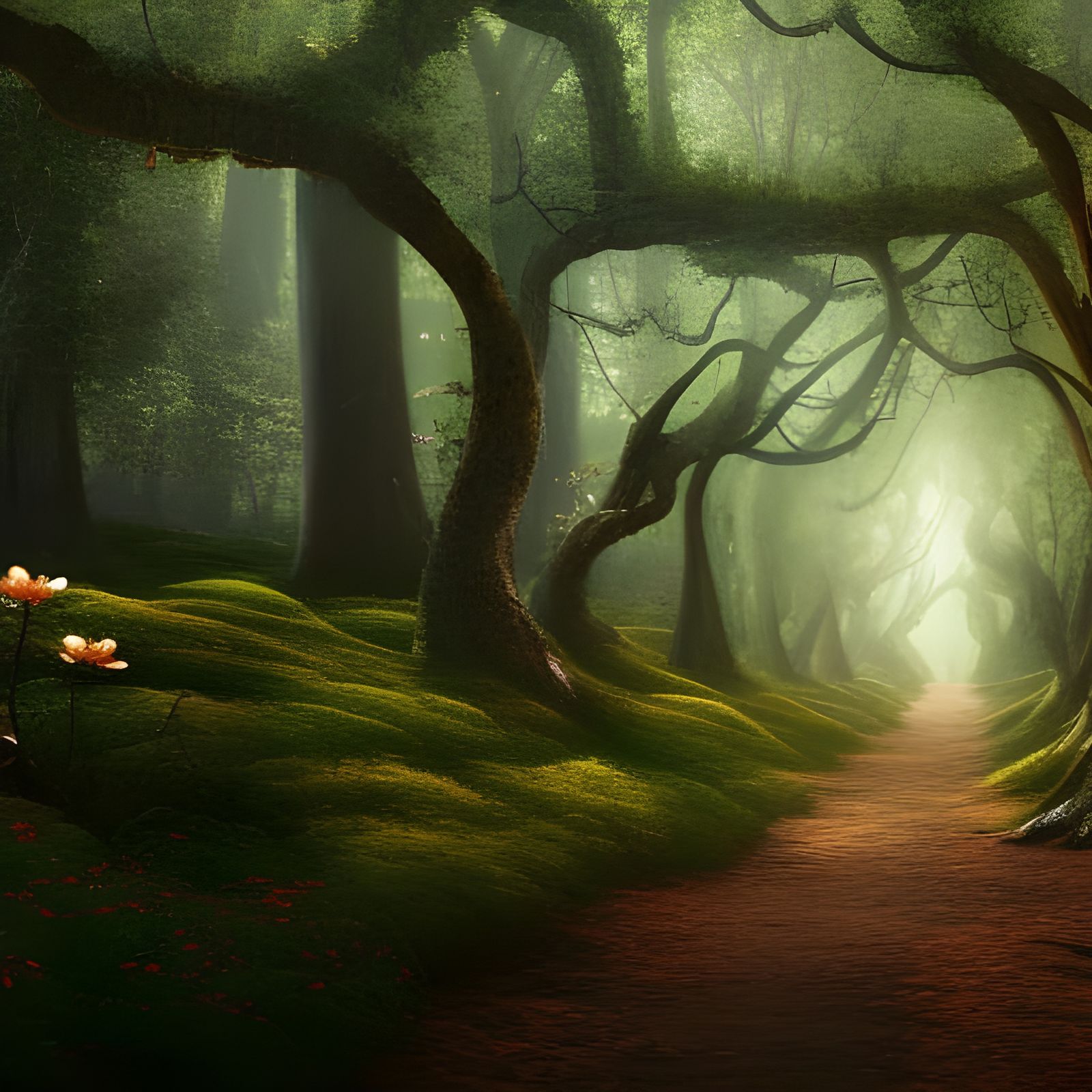 Lush Forest Path in Volumetric Lighting