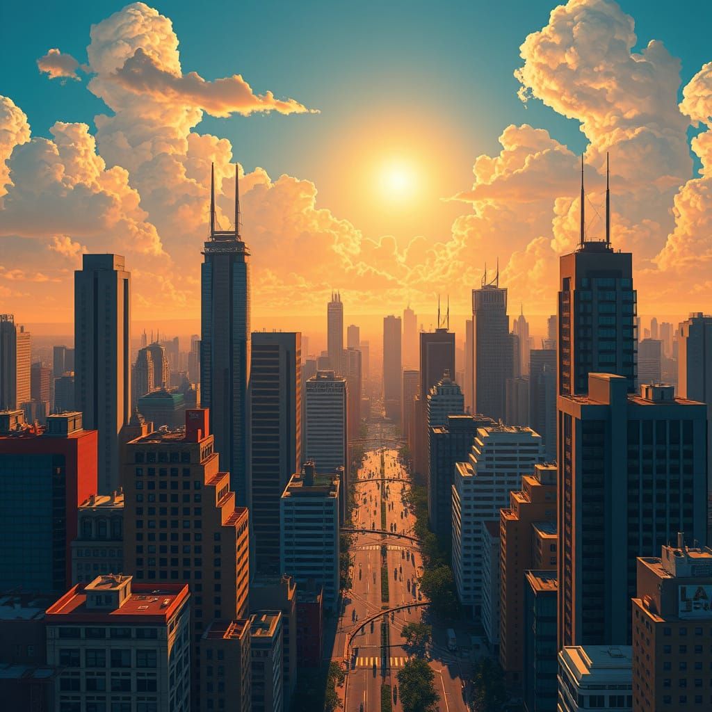 Cyberpunk Cityscape with Sunlit Clouds in Screen Print Style