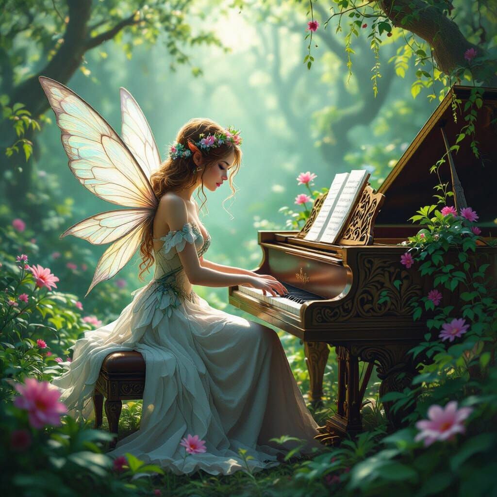 Enchanting Fairy Plays Piano in Lush Forest