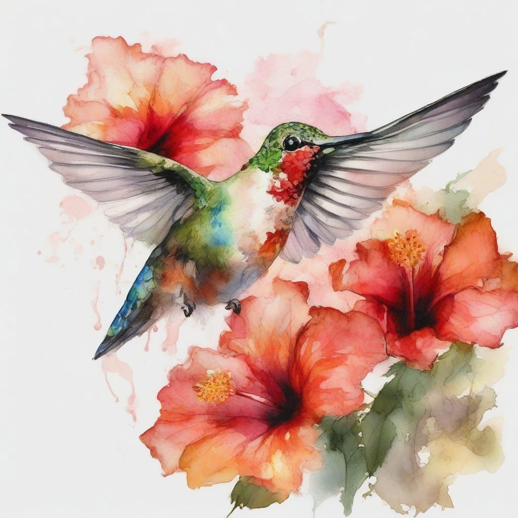 Hummingbird Amidst Vibrant Hibiscus Blooms in Ethereal Water...