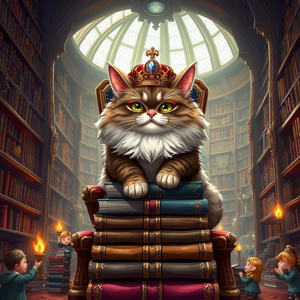 Crowned Persian Cat on Book Throne in Library