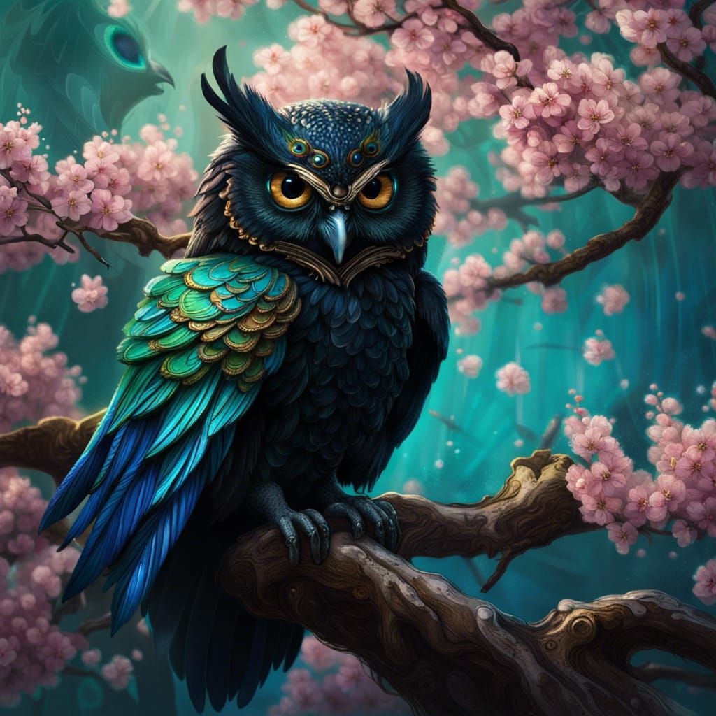 Owl with Peacock Feather Wings in Cherry Tree