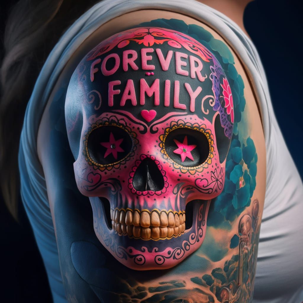 Colorful Candy Skull Tattoo Art: Hyperdetailed Close-Up
