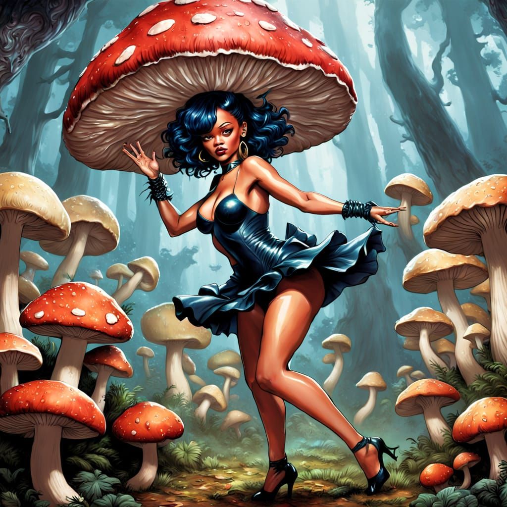 Rihanna Under Mystical Mushroom Umbrella in Dark Comic Art