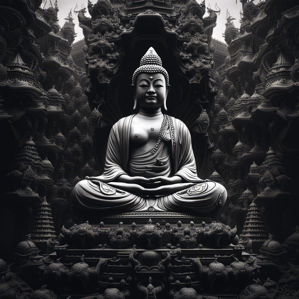 Monochrome Buddha Statue in Ornate Temple