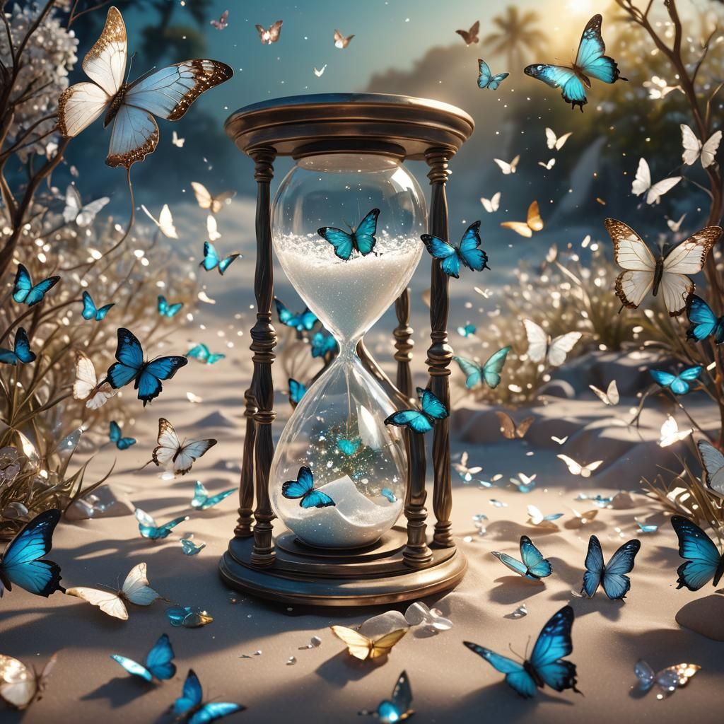 Iridescent Bioluminescent Hourglass with Quartz Butterflies
