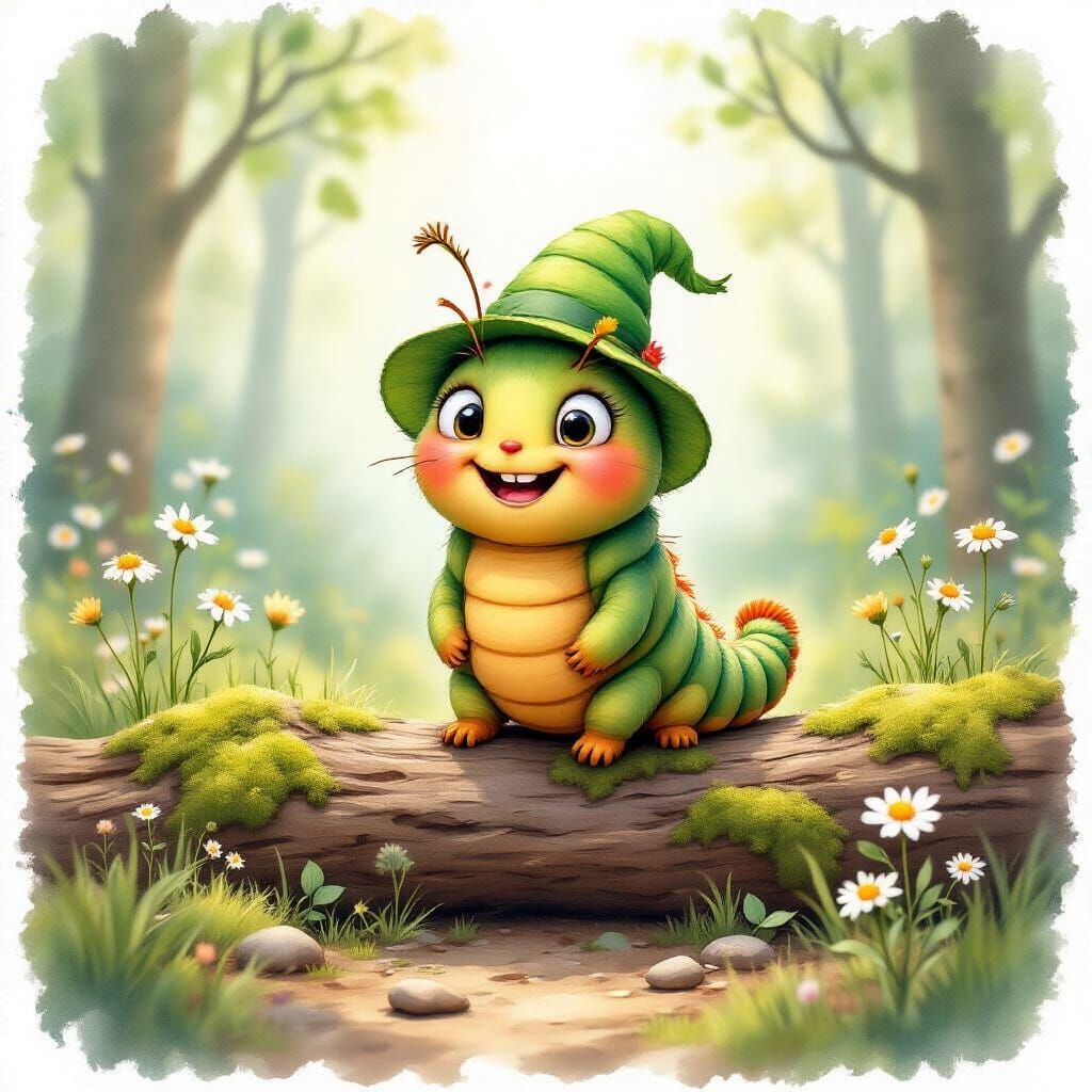 Happy Caterpillar in Watercolor Forest Scene