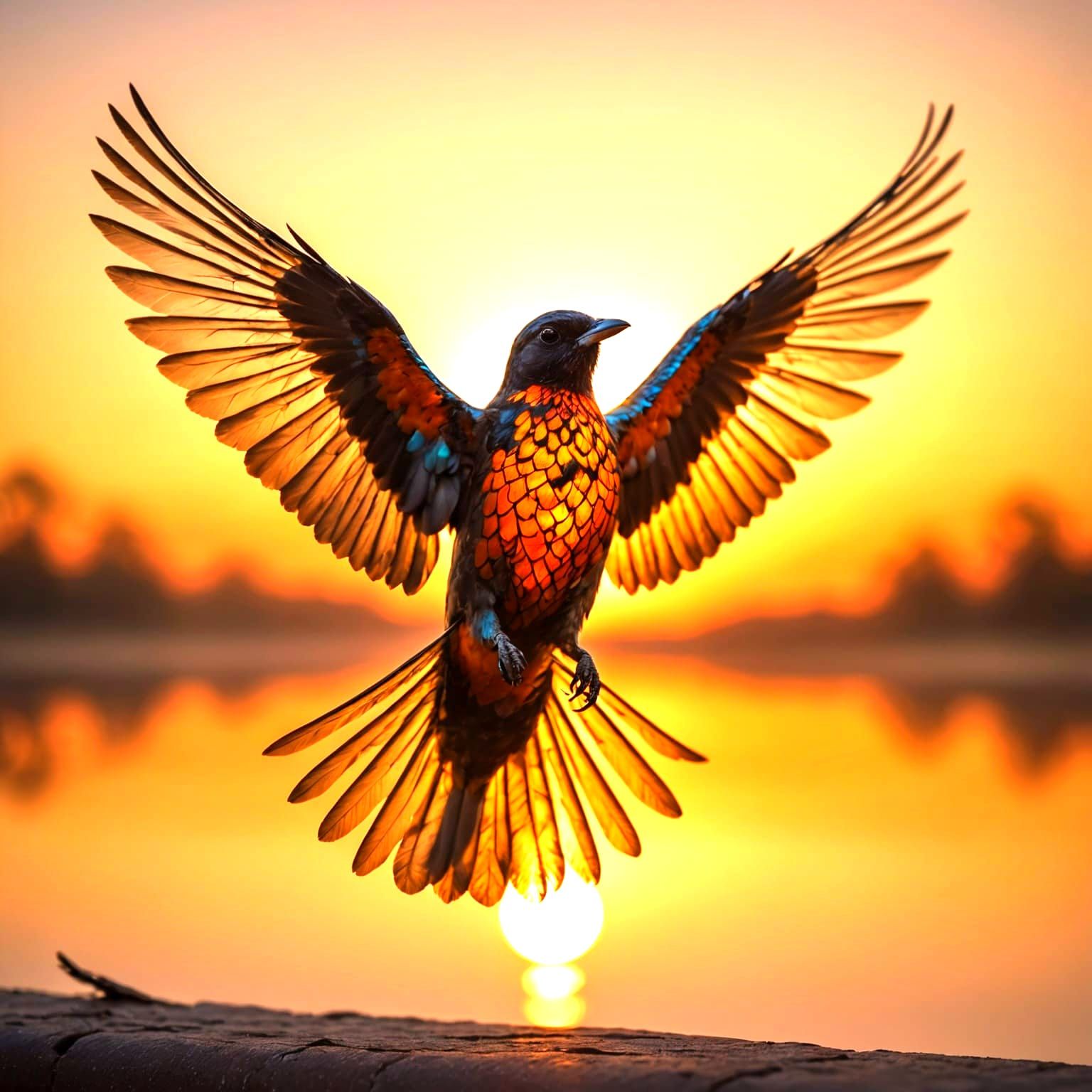 Glass Bird Soars Through Vibrant Sunrise