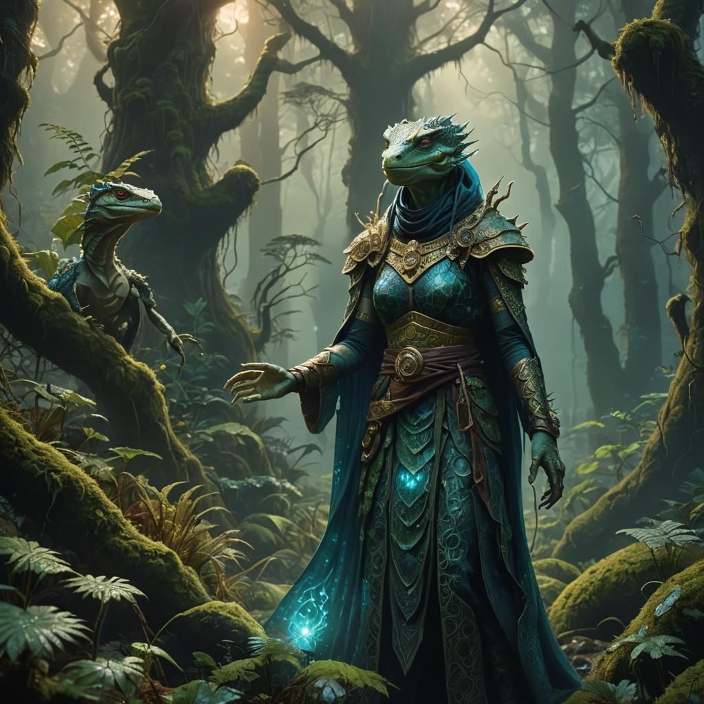 Lizardwoman Monk in Misty Forest: Fantasy Concept Art