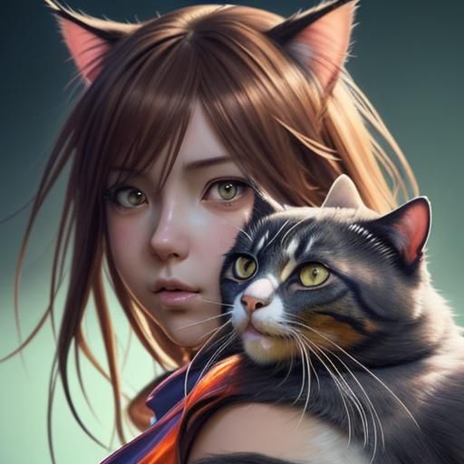 Hyperrealistic Anime Girl with Cat Portrait