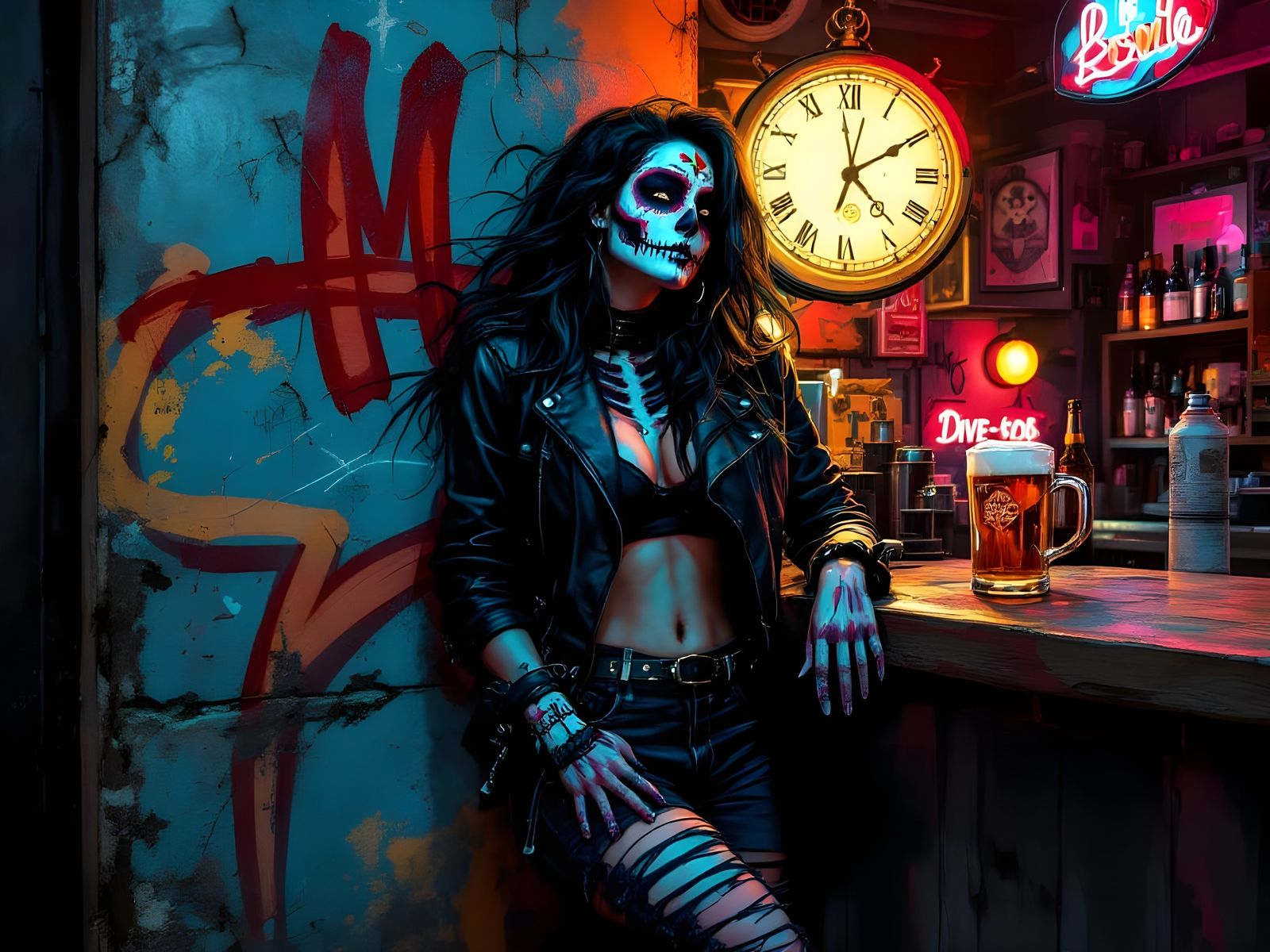 La Catrina in a Gritty Dive Bar Scene