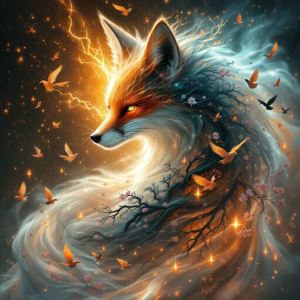 Surreal Fox Goddess Unites Celestial and Earthly Elements in...