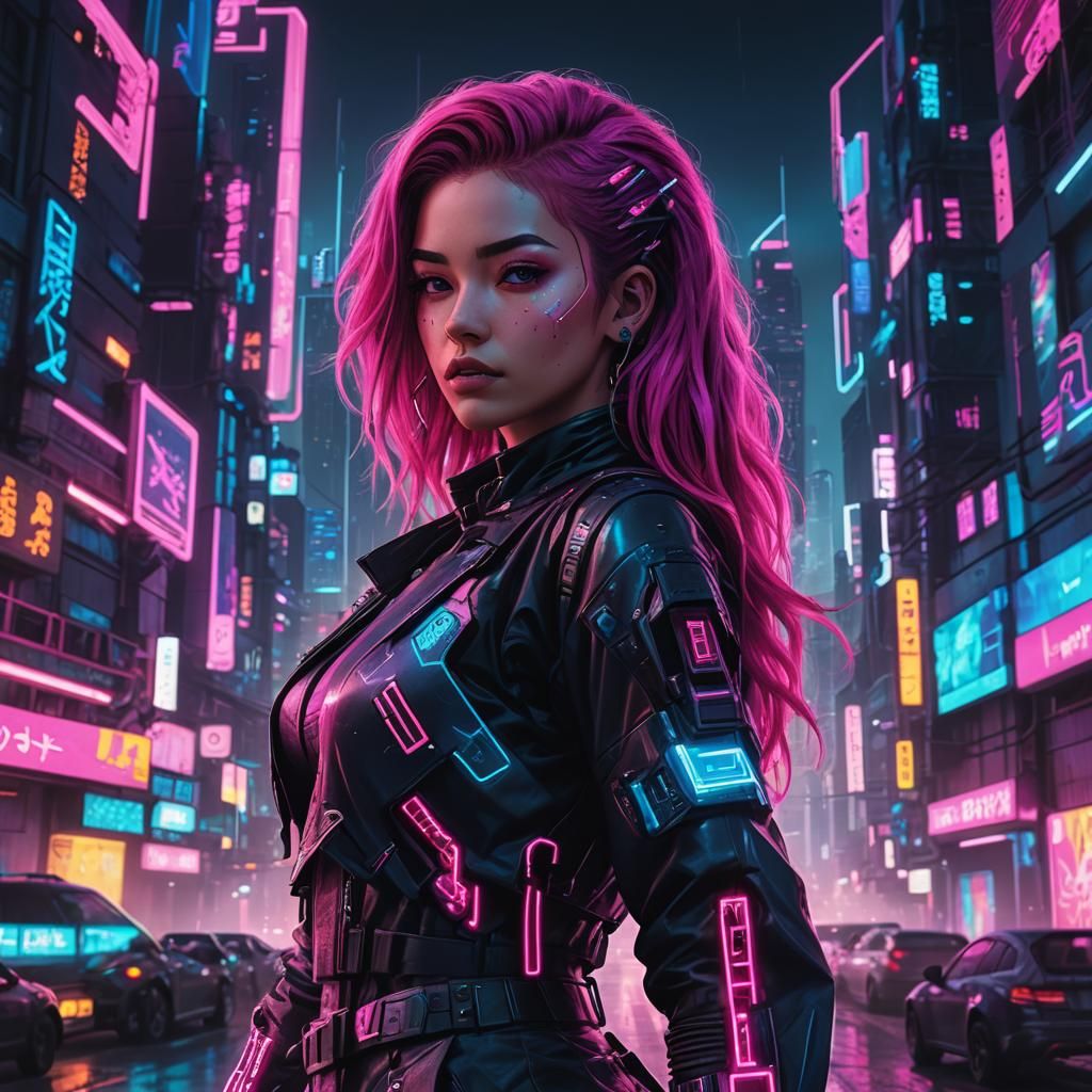 Cyberpunk Girl in Neon Cityscape Concept Art