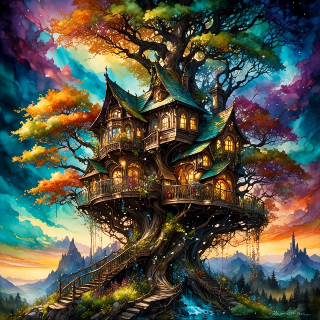 Fantasy Treehouse in Alcohol Ink Style