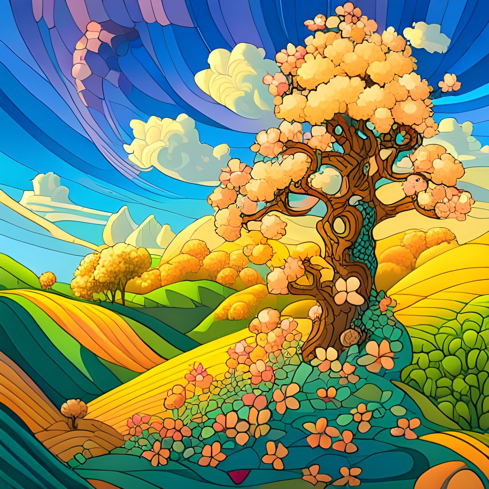 Floral Meadow and Apple Tree in Art Deco Style