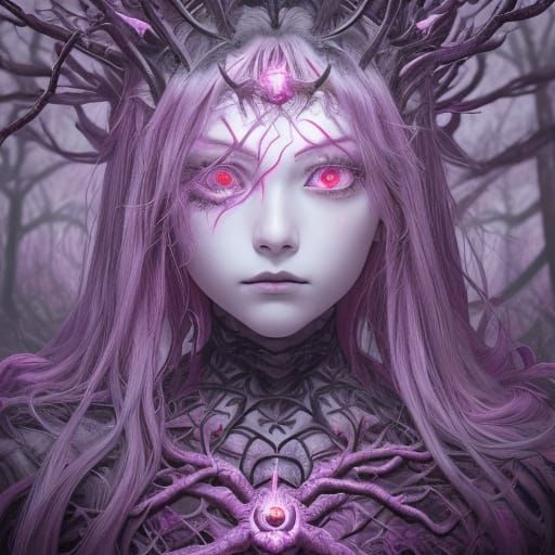Surreal Anime Horror Queen in Dark, Misty Forest
