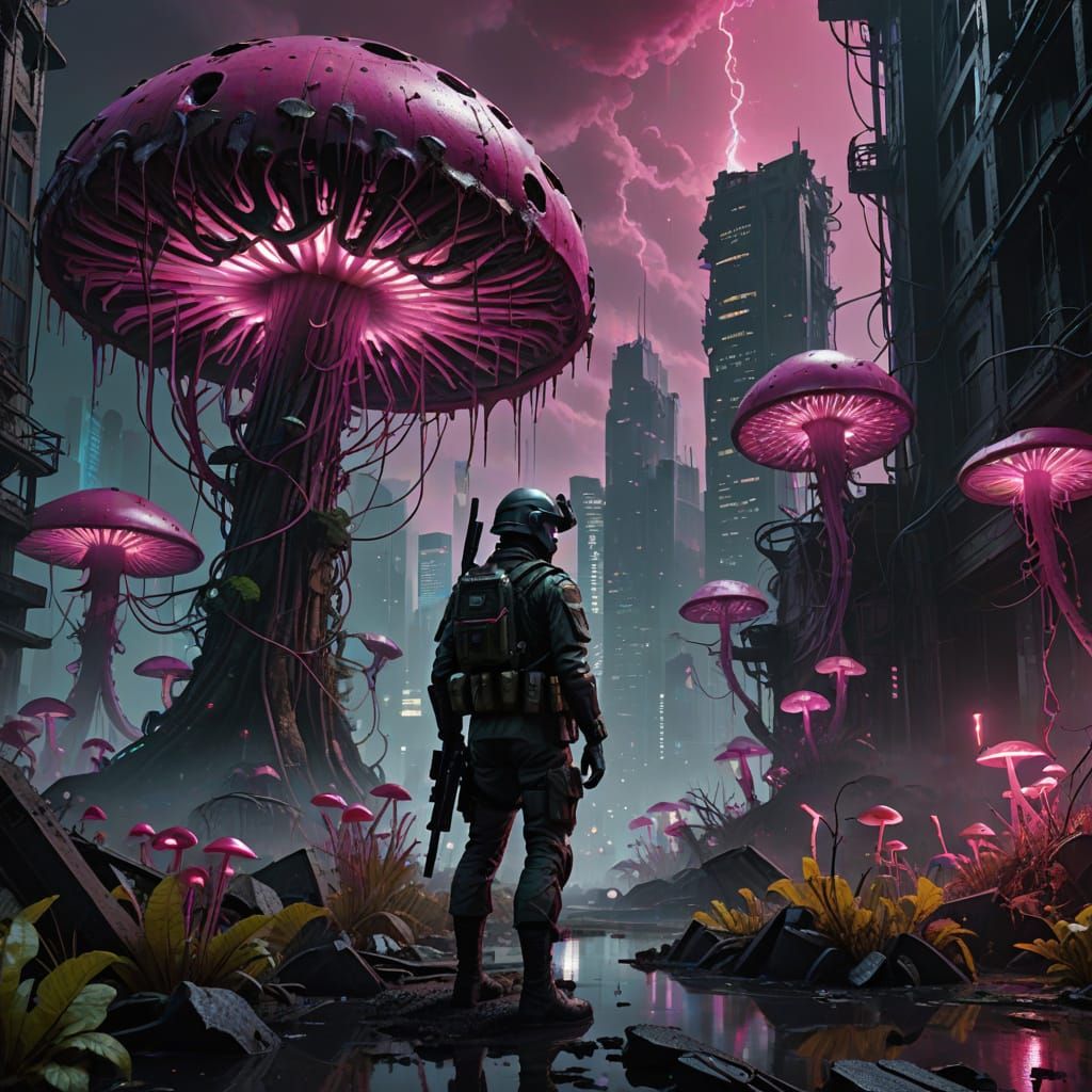 Cyberpunk Soldier in Dystopian Ruins