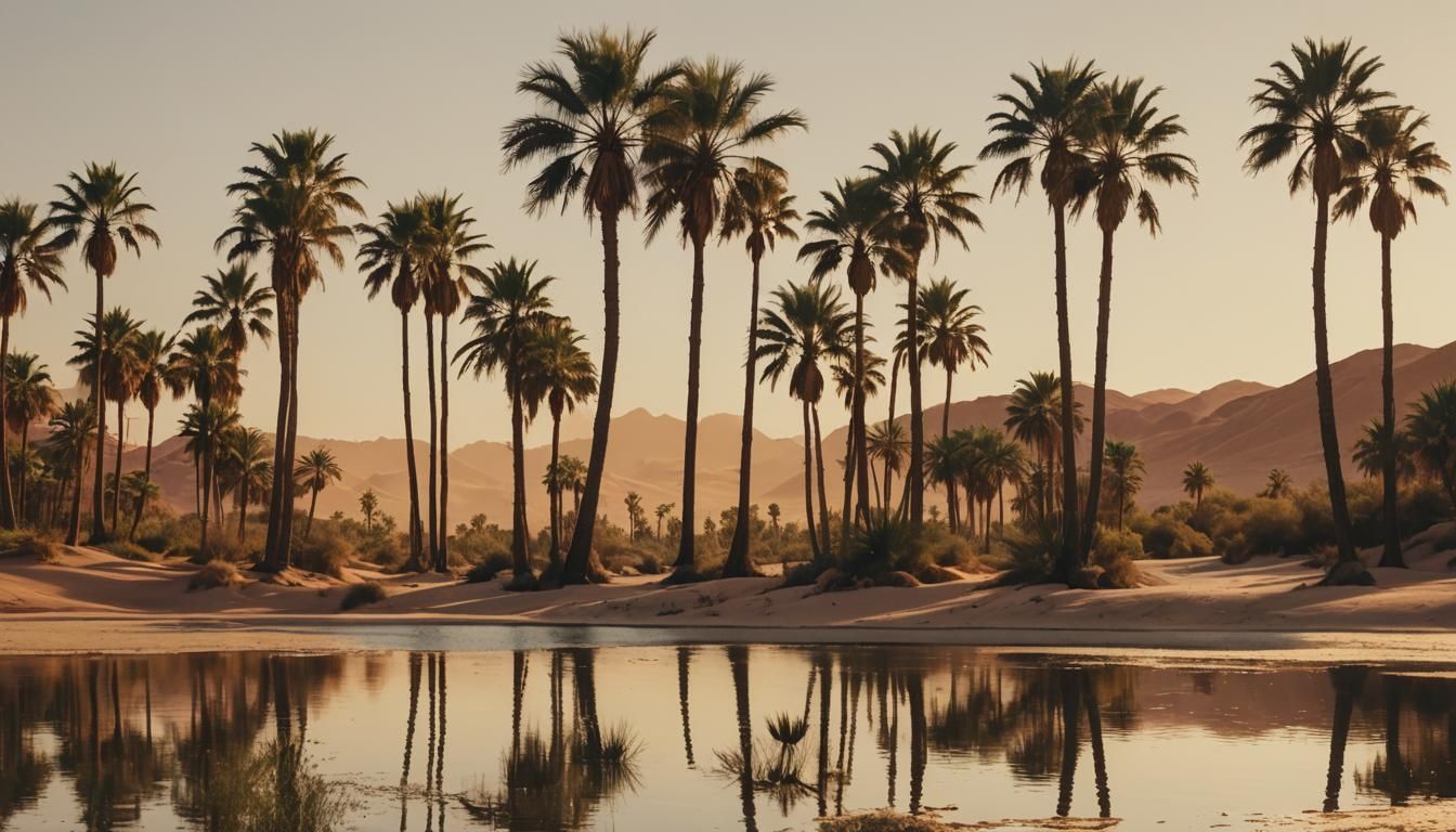 Desert Oasis at Sunset in Golden Light