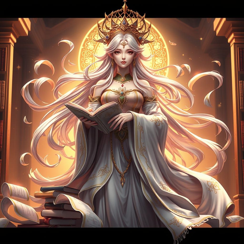 Elegant Goddess of Libraries in 3D Anime Style
