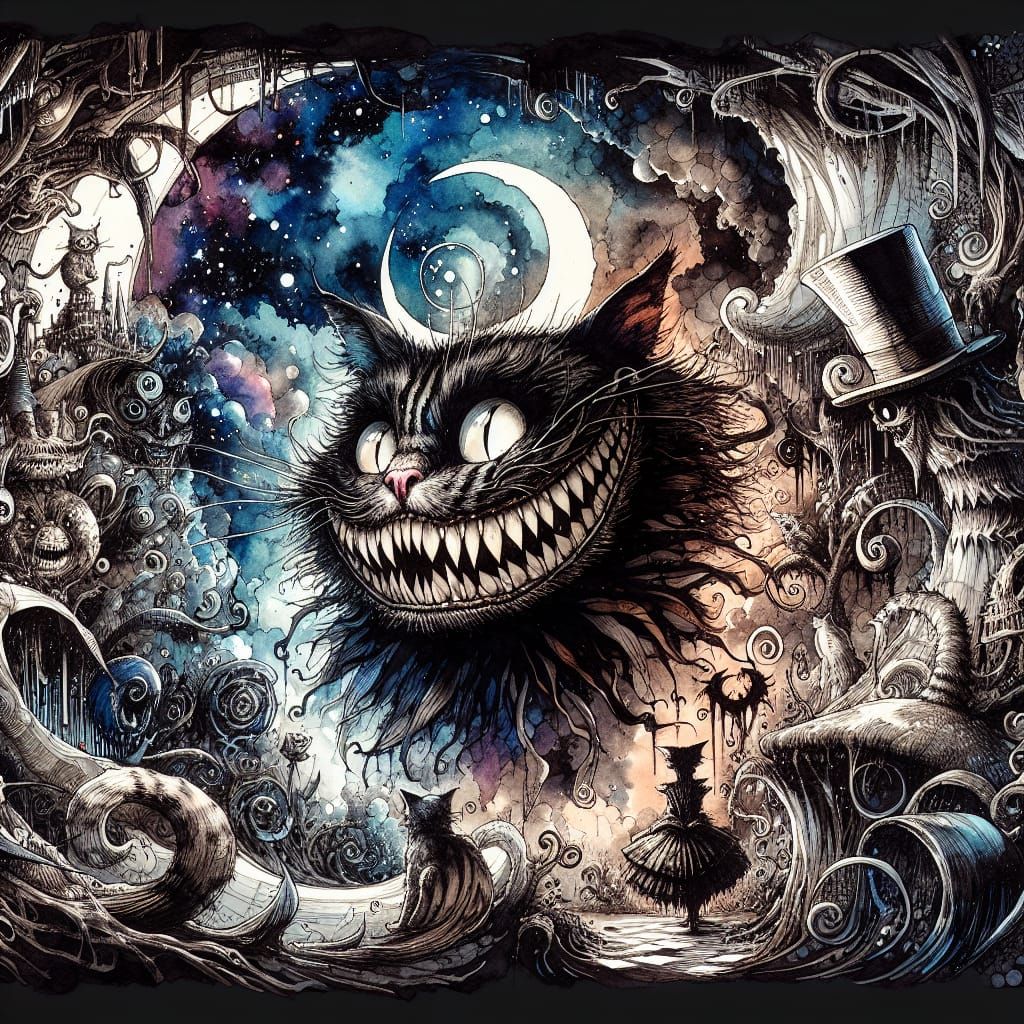 A Haunting Surrealist Scene with a Cheshire Cat