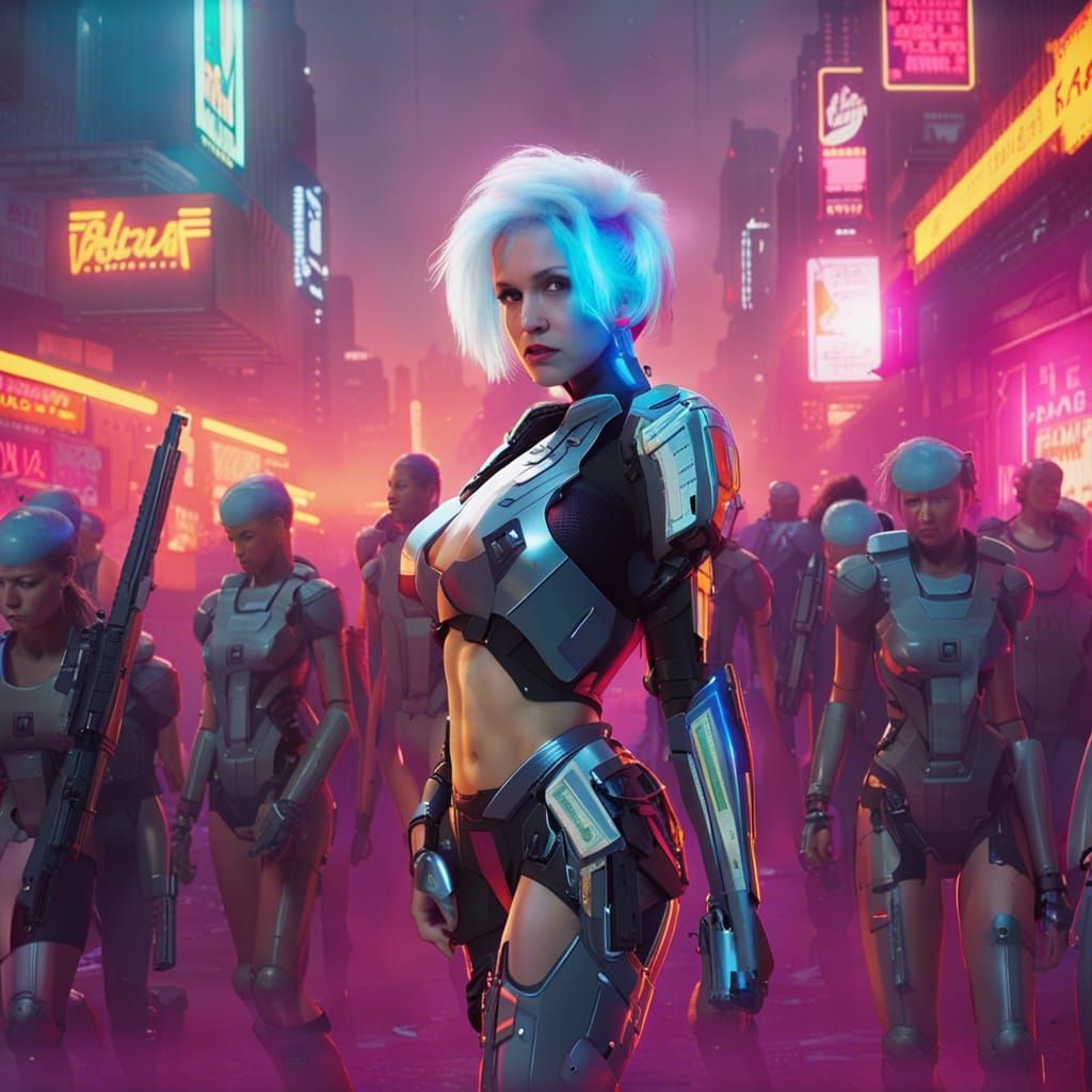 Cyborg Pop Star Leads Army in Cyberpunk City
