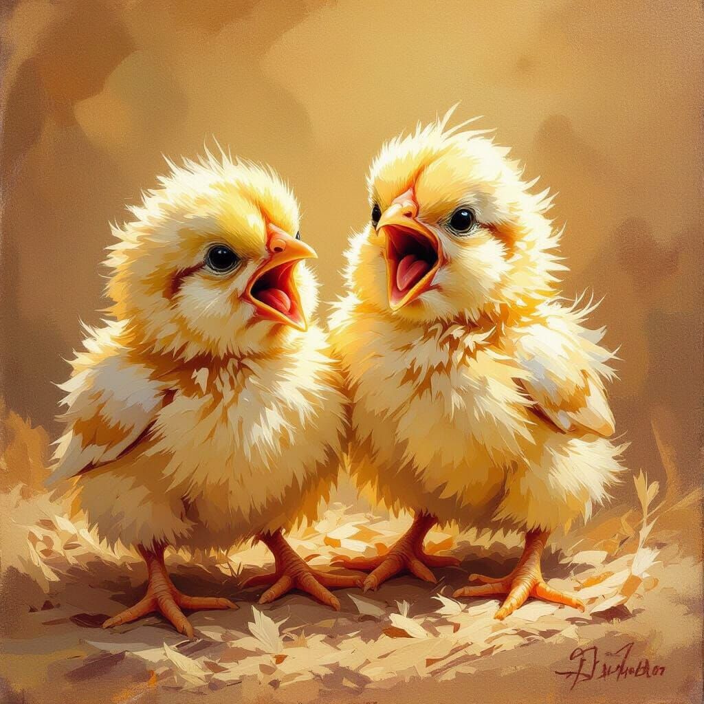 Furious Baby Chicks: Oil Painting in Impasto Style