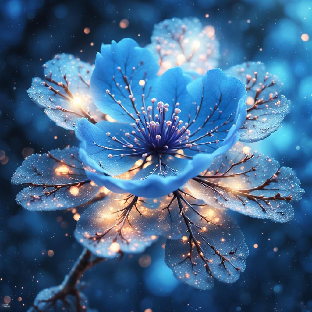 Blue Sakura Flower Portrait in Fantasy Style