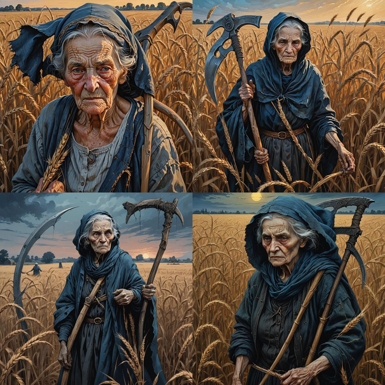 Old Woman with Scythe in Wheat Field at Dusk