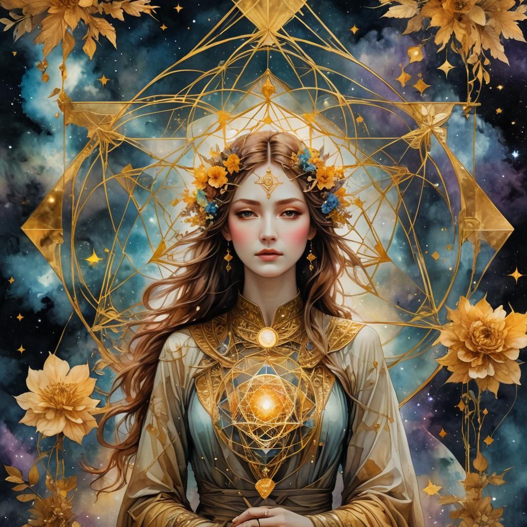 Watercolor Double Exposure of Sacred Geometry and Galaxy