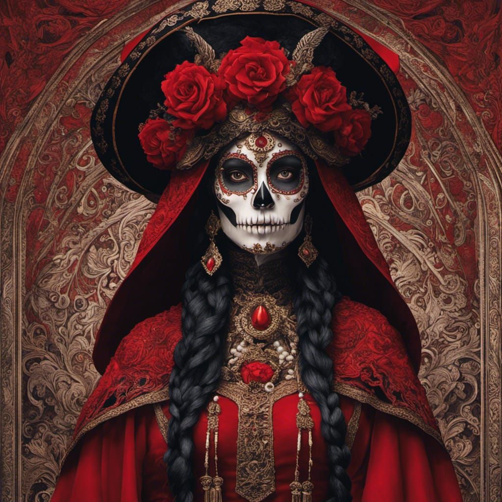 Powerful Young Witch with Skull Face in Elaborate Robes