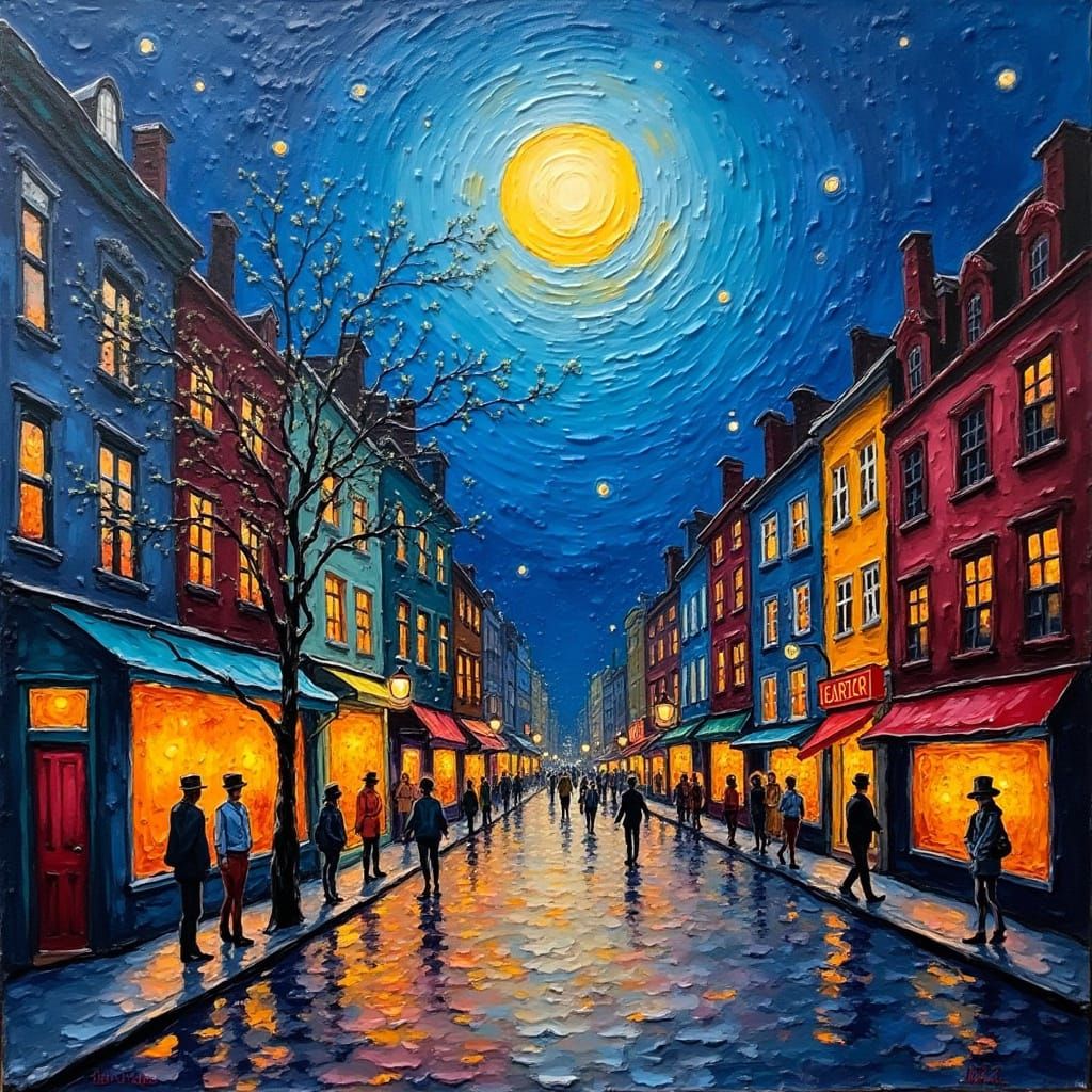 Moonlit Cityscape in Neo-Impressionistic Impasto Style