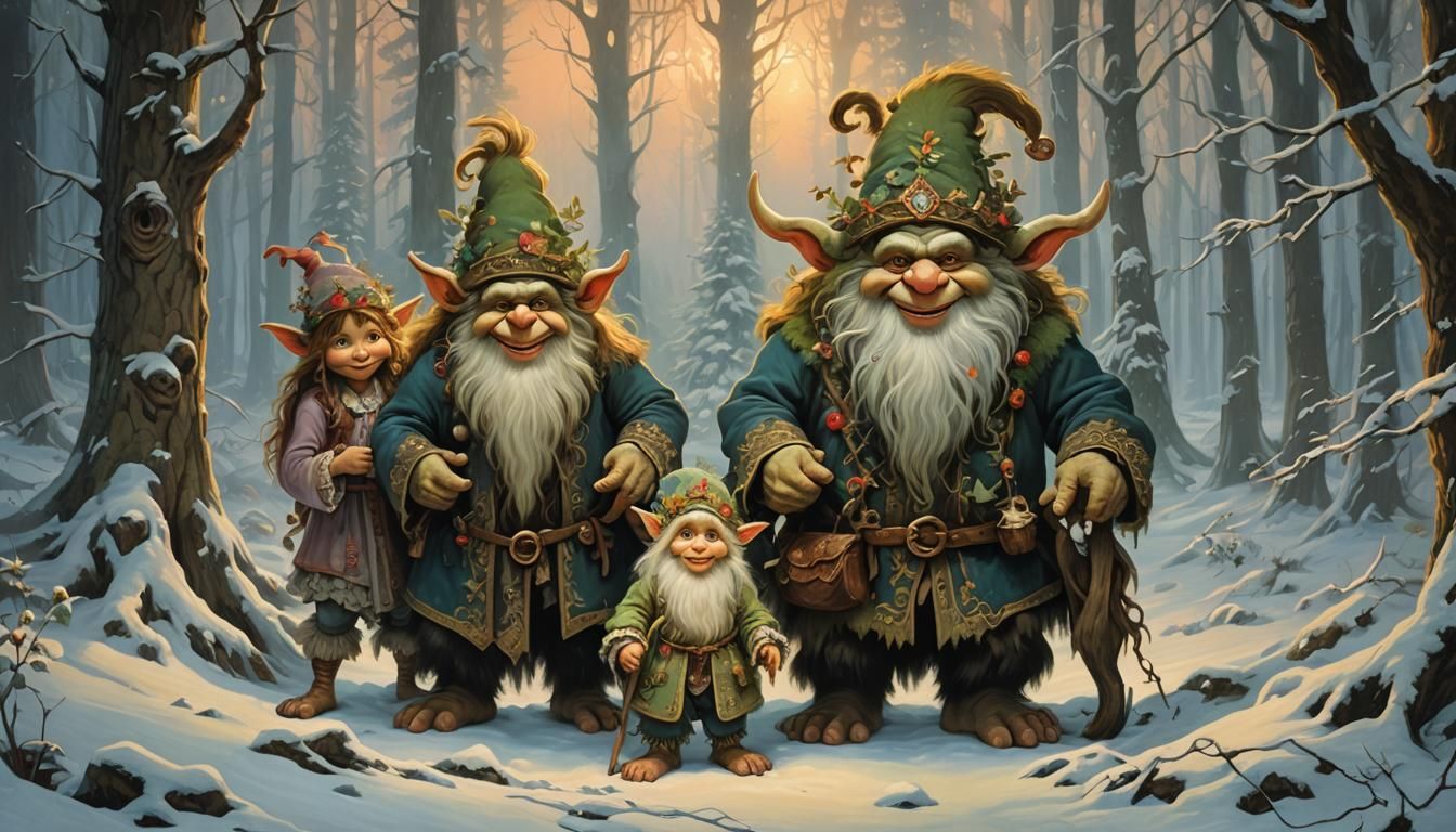 Norwegian Troll Family in Winter Rococo Painting