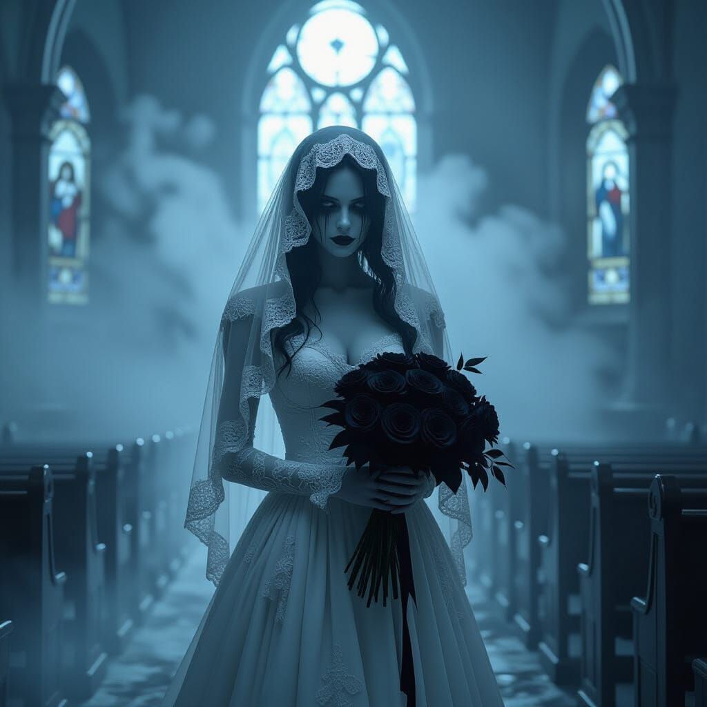 Ghostly Bride in Shattered Chapel: Eerie Cinematic Horror