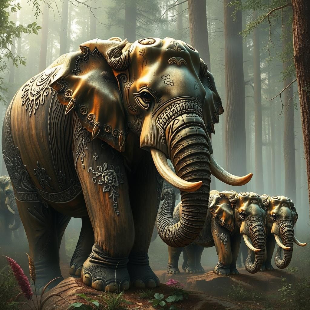 Mystical Wooden Elephants in Ethereal Forest