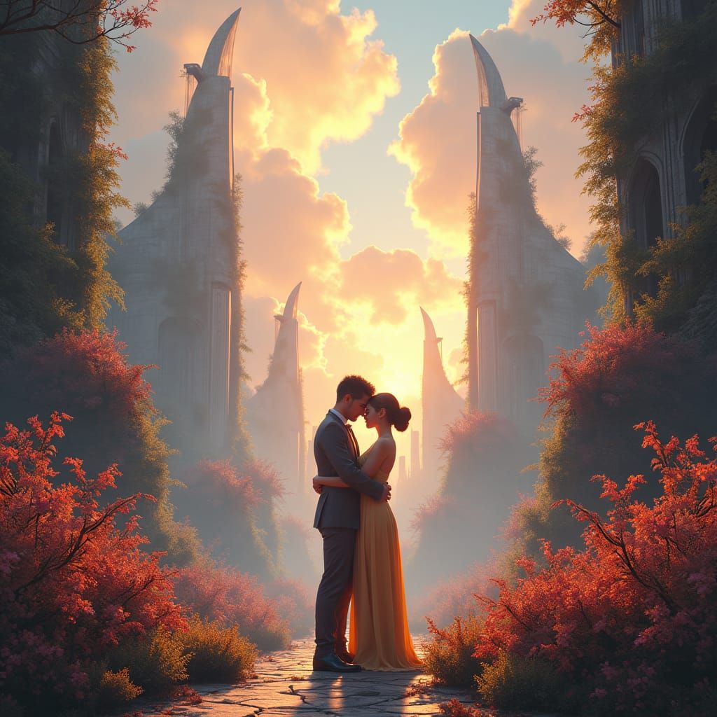 Soulmates Embrace in Fantastical Cyberpunk Landscape