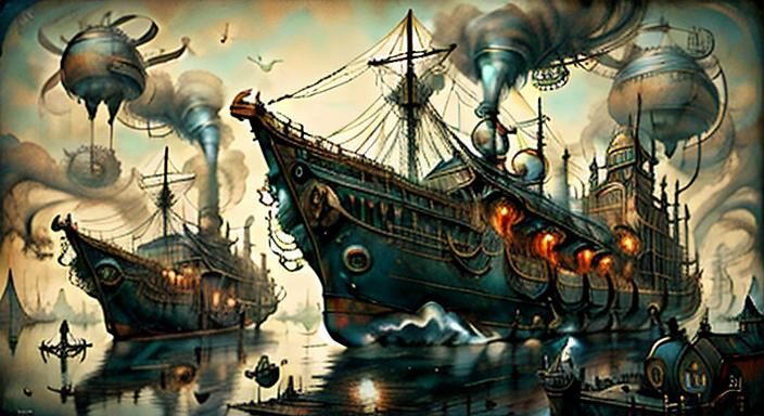 Steampunk Airship Over Metropolis with Copper and Canvas