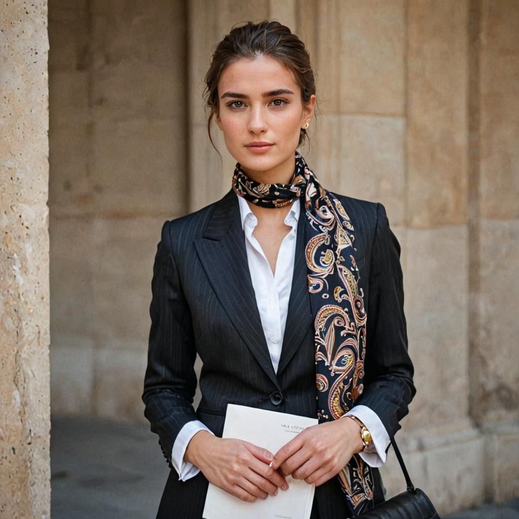 Elegant Italian Woman in Pinstripe Business Suit