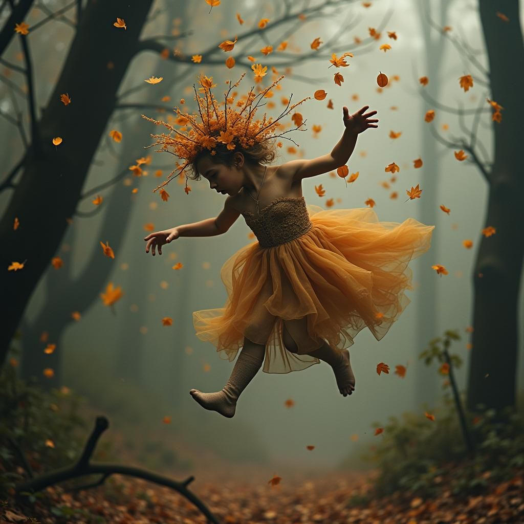 Ethereal Figure Falling Through Autumn Leaves