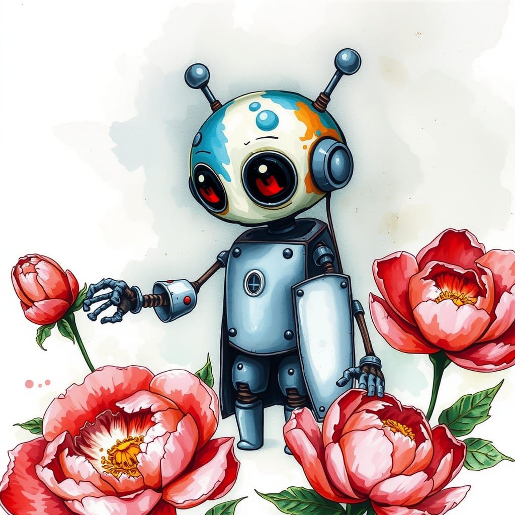 Abstract Rusty Robot with Peonies, Alcohol Ink Style