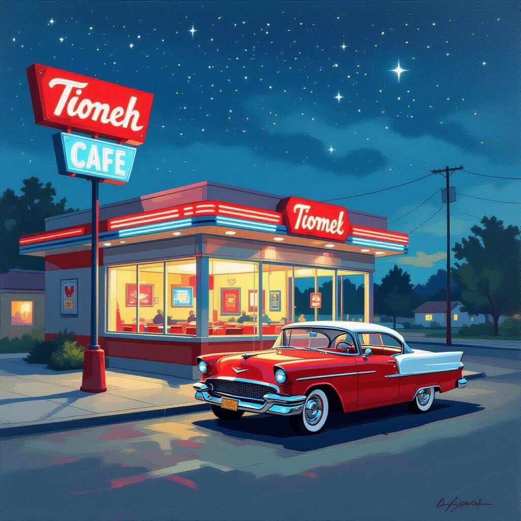 Neon Diner Under Starry Sky, Mid-Century Style